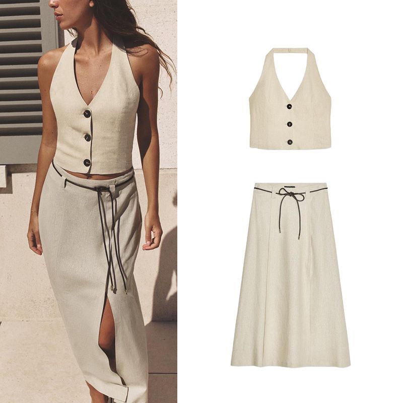 Linen Blend Hanging Collar Sleeveless Casual Tops 3207939 Bowknot Decoration Midi Dress 2153939