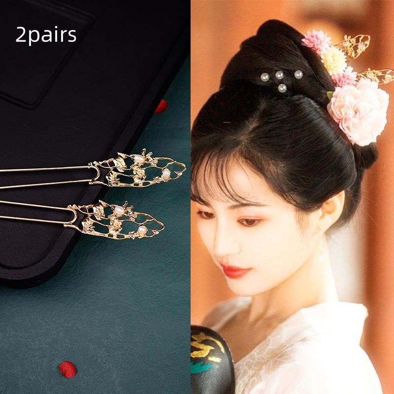 

2 пары Древняя китайская заколка для волос Жемчуг Классическая заколка для волос династии Тан Кисточка Элегантный цветок Гребень для волос