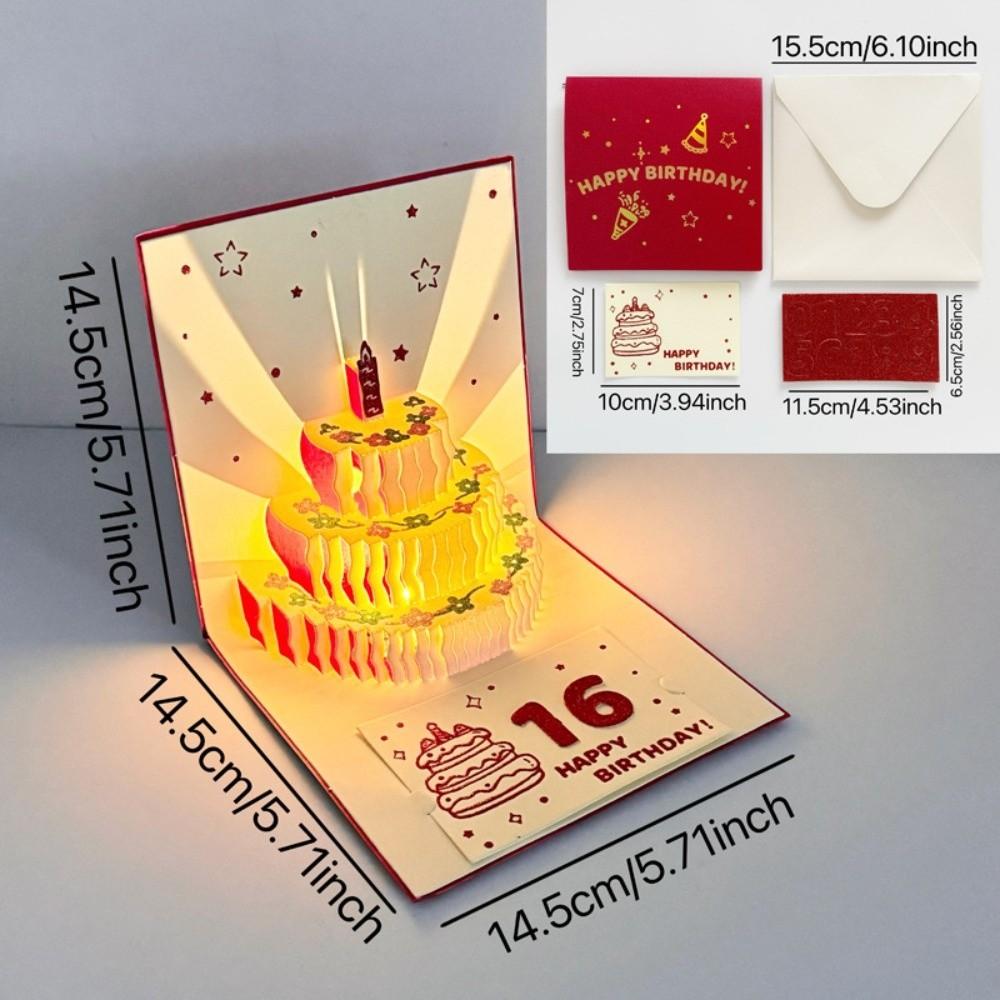 3D Happy Birthday Card Four-Layer Birthday Cake with Envelope Gift Card Pop Up Music Light Musical Light Greeting Card