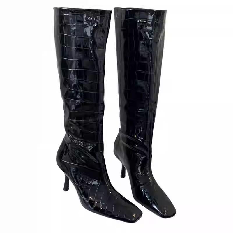 2025 new crocodile pattern long knight boots women's wide tube high boots square head thin heel high heel but knee long boots