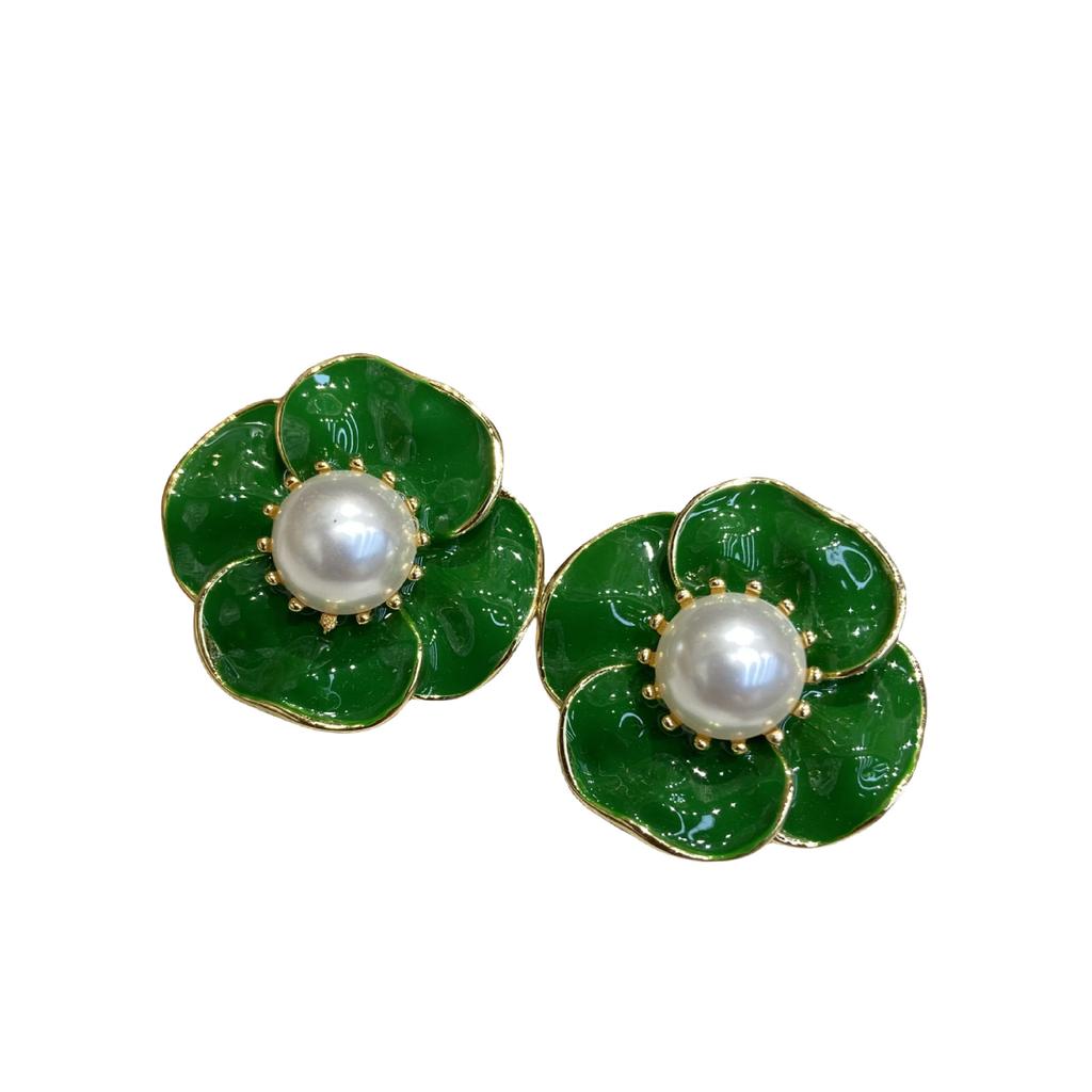 Temperament Sweet Retro Camellia Stud Earrings Women'S French Light Luxury Fashion Earrings Green Dripping Flower Earrings
