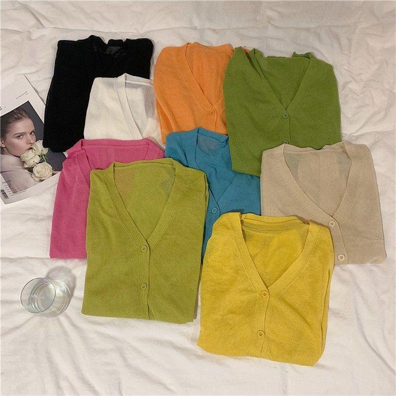 Módní letní pletené sluneční tričko Nové dámské ležérní kardigany s dlouhým rukávem V výstřih Tenký top Jednobarevné Jednoduché Elegantní halenky 3668