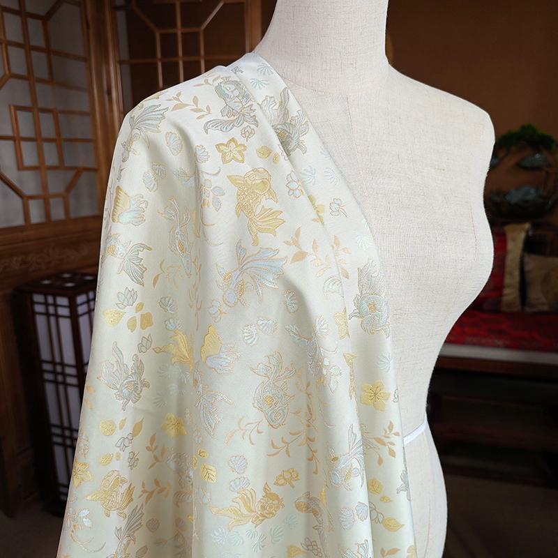 Embossed Jacquard Fabric White Beige Goldfish Design Sewing Material Cheongsam Dress Party Garment Wide 150cm Sold By Meter