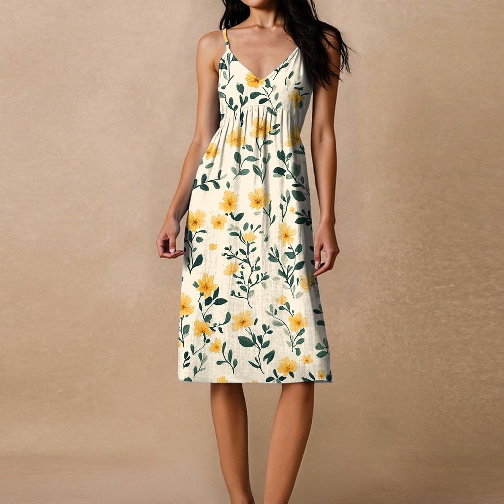Women's Spaghetti Strap Backless Bow Loose Casual Beach Vacation Floral Printed Dress Sundress