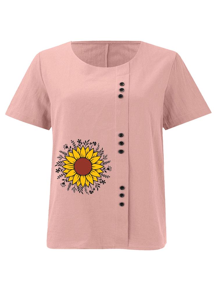 Women s Fashion Flower Print Shot Sleeve T-shirt Loose Cotton Shirt Casual Loose Summer Plus Size Blouse Tops S