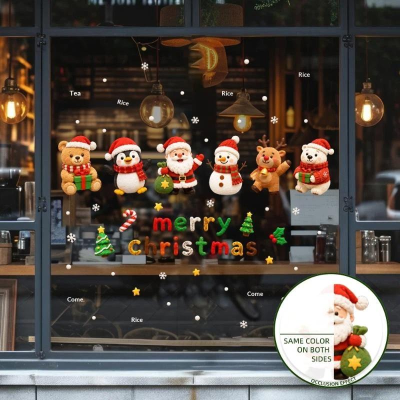 Cute Christmas Window Stickers Same Color Both Sides Self Adhesive Decals for Shopping Mall Home Shop Xmas Window Decor