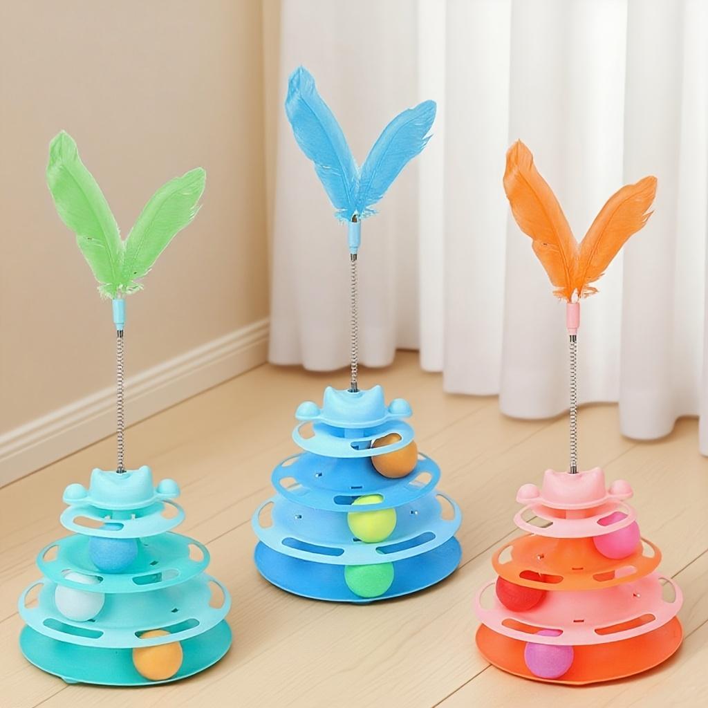 2025 pattern Artificial Feather Cat Rotating Toy Interactive Fun Toy, 3-Layer Rotating Tower with Three Small Balls and Feathers