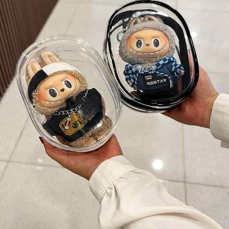 Transparente Schutzhülle Organizer-Box für 15-17cm Labubu Puppen Outdoor-Ausstellungstasche mit Schlüsselanhänger Puppenzubehör