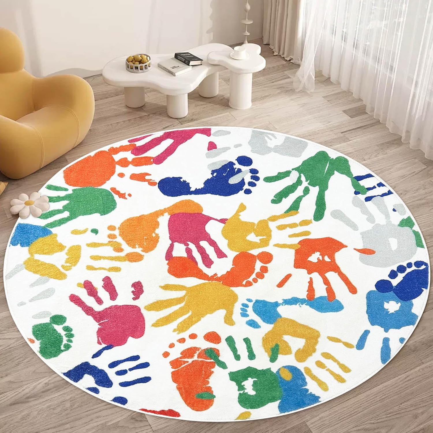 Colorful Handprint and Footprint Round Rug Kids Art Design for Nursery or Bedroom 60cmx60cm