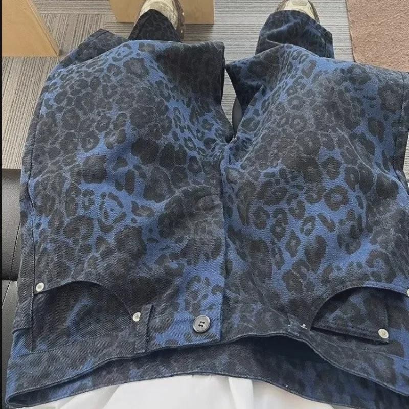 2024 Women's Blue Leopard Print Wide-Leg Jeans - American Style, Trendy Straight Floor-Length Design