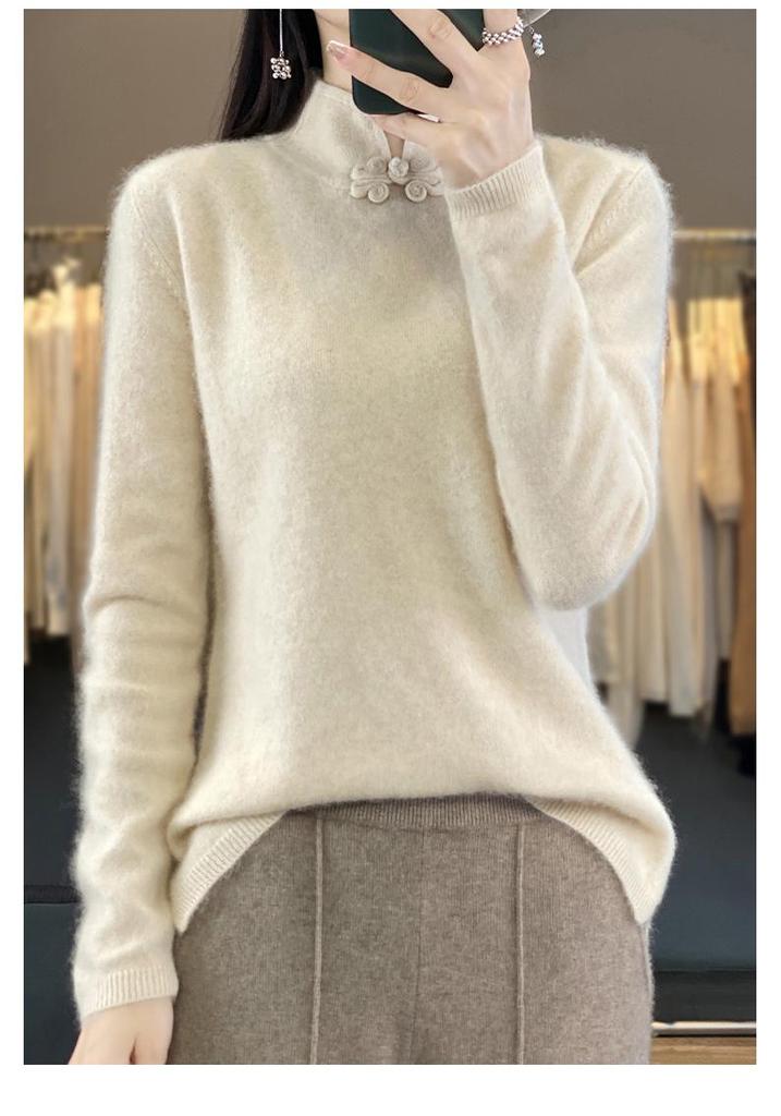 Women's 100% Wool Retro Stand Collar Sweater with Frog Buttons, Solid Color Knit, Autumn/Winter 2025 Collection
