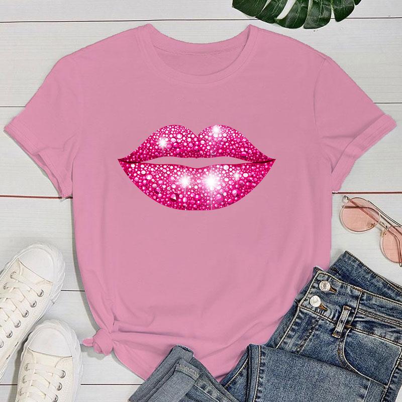 (Premium T-shirt)Hot Pink Lips Funny Summer Women T-Shirt Harajuku Print Fashion Short Sleeve Summer Casual T-Shirt Top