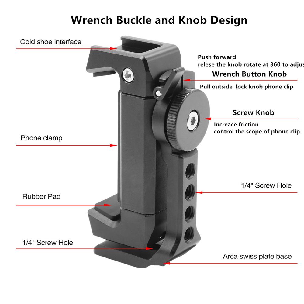 Universal Smartphone Tripod Mount Adapter Phone Clip Holder 360 Rotation Mobile Clamp with Cold Shoe Mount for Arca-Type Plate 7