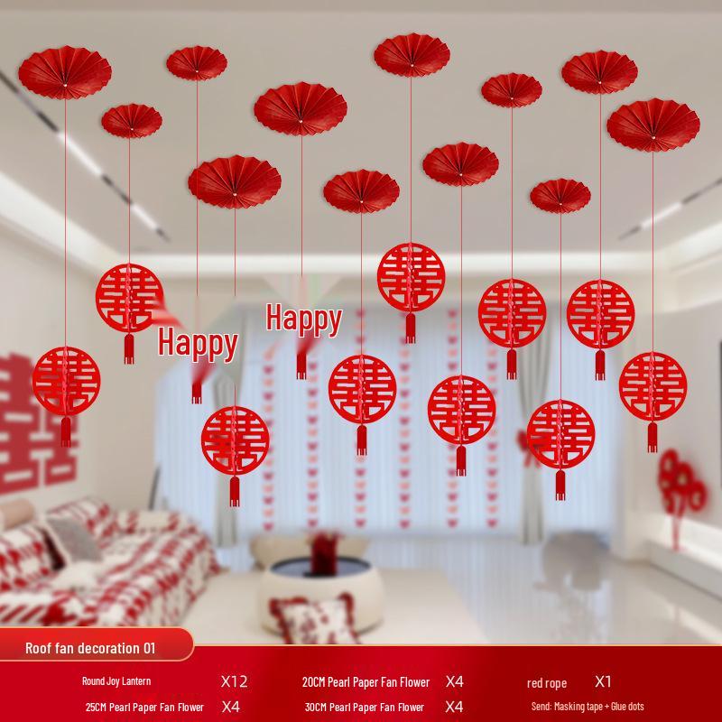 Wedding Ceiling Decoration: Double Happiness Pull Flower Ornament for Bedroom