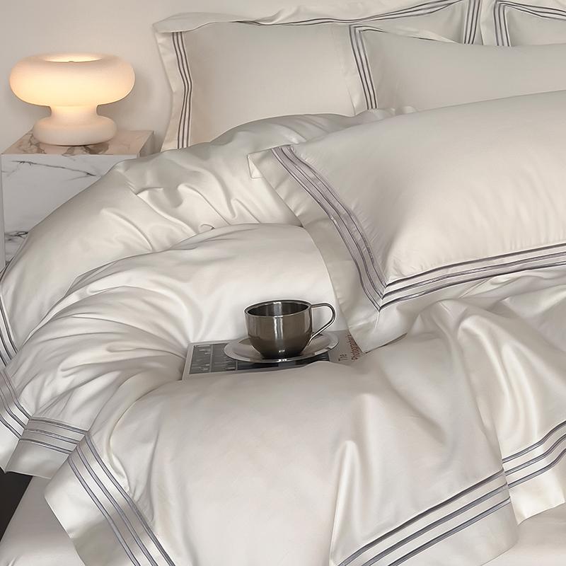 1000TC Egyptian Cotton Hotel Embroidery Bedding Set Duvet Cover Flat Fitted Sheet Pillowcases Solid