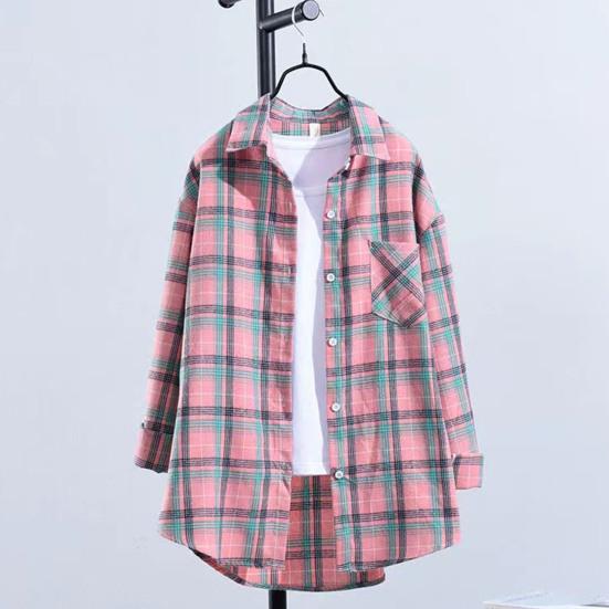 Women Plus Size Shirt with Long Classic Sleeves Single-breasted Collar Patch Pocket Loose Casual Plaid Shirt with Print Blouse