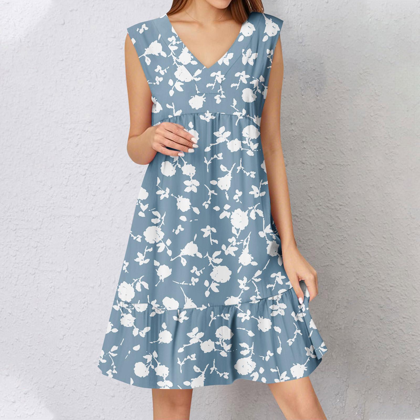 

Womens Summer Dress Sleeveless V Neck Printing Short Dresses Fashion Casual Flowy Boho Ruffle A Line Swing Sundress XL