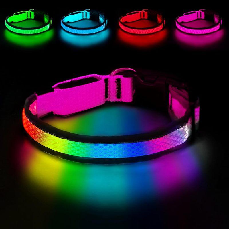 LED Dog Collar USB Rechargeable Light Up Pet Collar Glowing Nylon Adjustable Soft Night Safety Collar for Small Medium Dogs