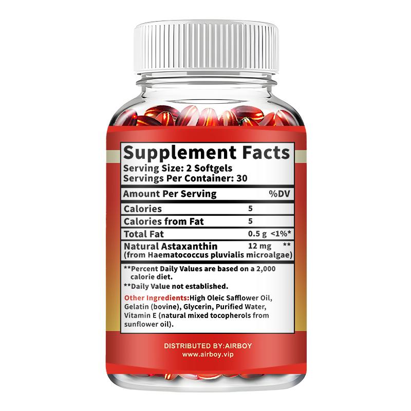 Airboy Natural Haematococcus pluvialis Astaxanthin: Supports eye skin, joint immunity, and vascular health; suitable for adults.