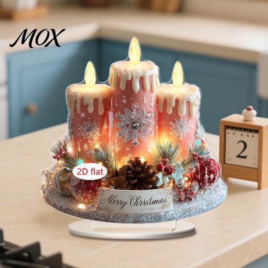 Decorative Holiday Figurines Christmas Candle Ornament, 2D Flat Acrylic Ornament with Base, Tree Decorations Snowman Reindeer Festive Table