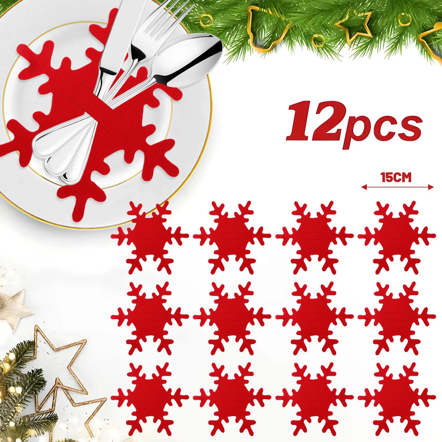 

12PCS Snowflake Cutlery Holder Set Non-woven Fabric Silverware Organizer Bag Table Ornament Xmas New Year Party Decoration Gifts 12PCS красный