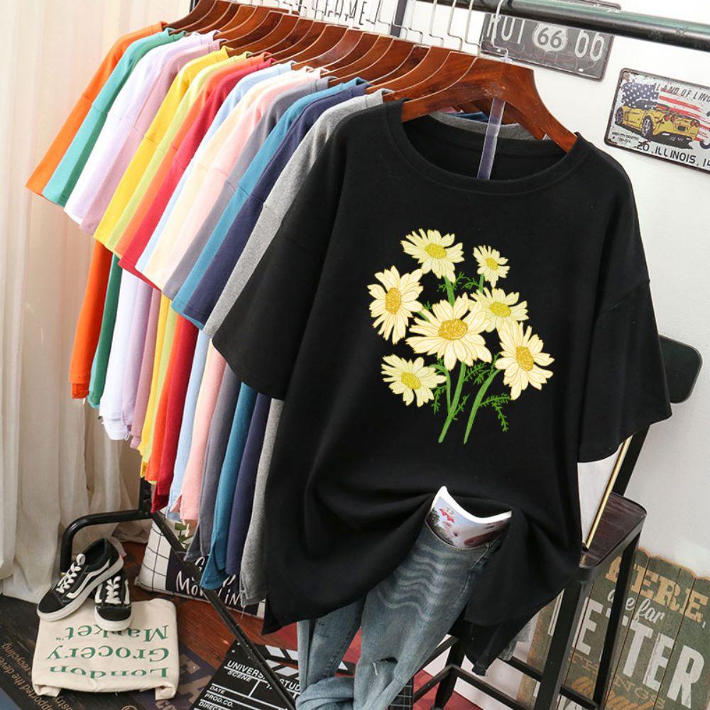 Street Baumwolle Damen T-Shirts Frisch Harajuku Gelbe Chrysanthemenblumen Drucke Oberteile Locker Rundhals Weiche T-Shirts Damenbekleidung