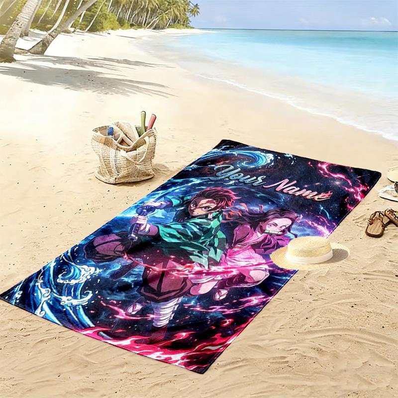 Name Custom Nezuko Print Beach Towel, Large Soft Quick Dry Towel for Beach Camping Swimming