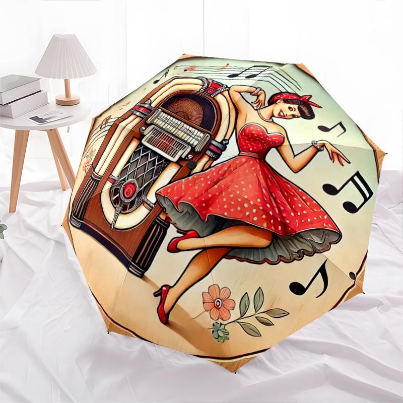 Portable Folding Umbrella with a Retro Jukebox Pin-Up Girl Design,Featuring a Sturdy Iron Frame And an 8-Rib Structure,Perfect for All Seaso