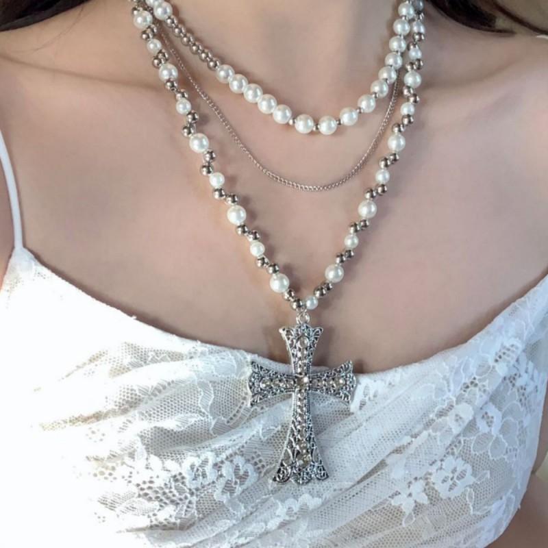 Layered Cross Pendant Pearl Necklace Women Choker Chain Long Statement Jewelry Sweet Punk Style Pearl Cross Layered Necklace 2025-515
