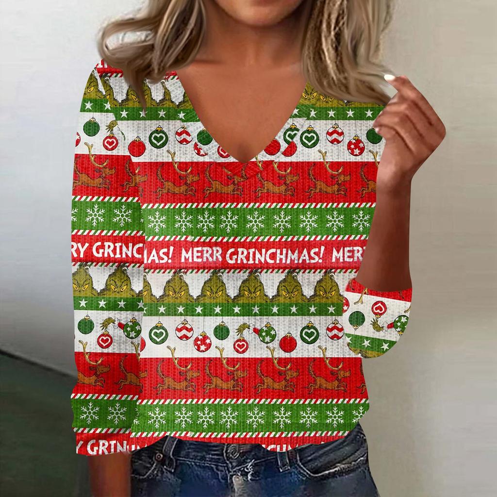 Women's Cute Sweatshirt Knitted Fashion Casual V-neck Long-sleeved  Cozy Print Top