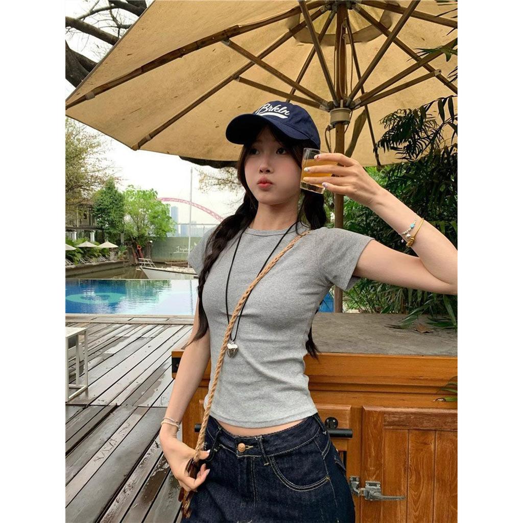 Front shoulder round neck slim-fitting short-sleeved T-shirt women's summer new Spice Girl pinched waist and thin short top trendy