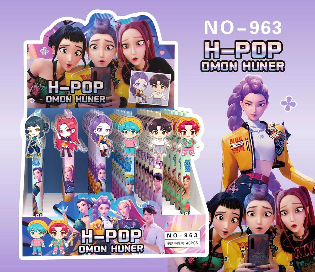 Kawaii Kpop Demon Hunters Gel Pen 0.5mm Black Ink Retractable Pen with Acrylic Patch Cute Aesthetic School Supplies for Students