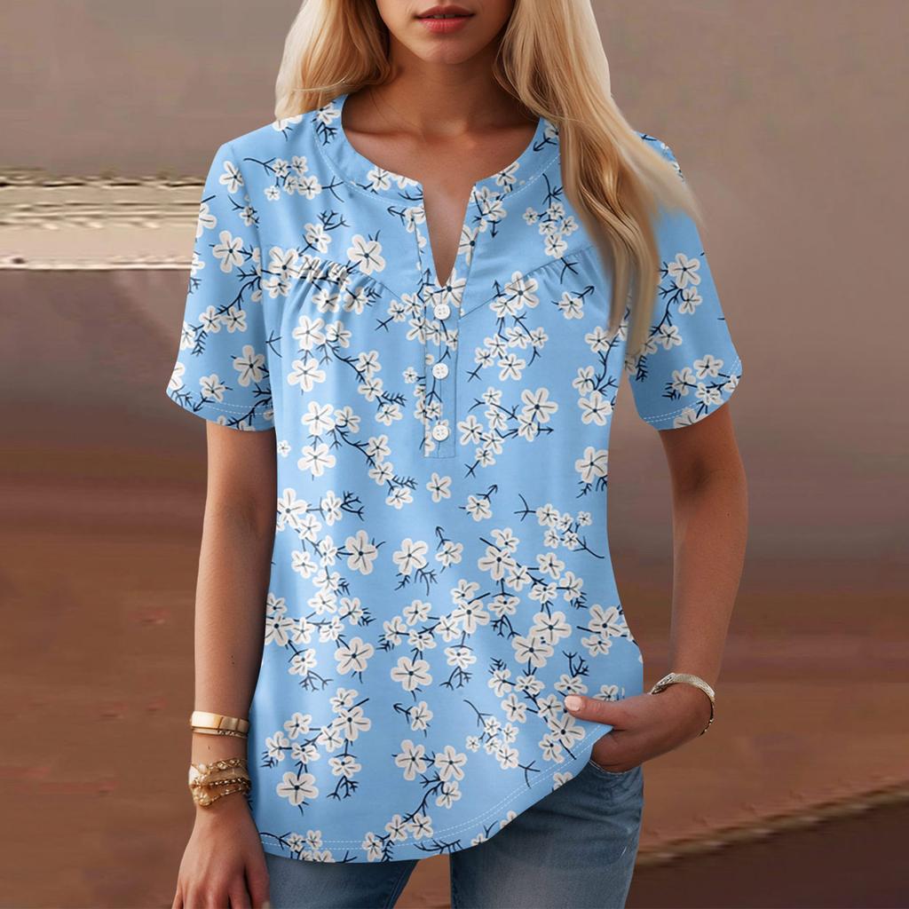 Damen-T-Shirt mit lässigem Blumendruck, V-Ausschnitt, kurzen Ärmeln und dekorativen Knöpfen