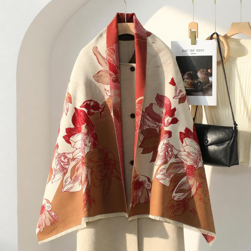 Double-Sided Women's Winter Ink Painting Snood: Imitation Cashmere Scarf for Air-Conditioned Rooms.