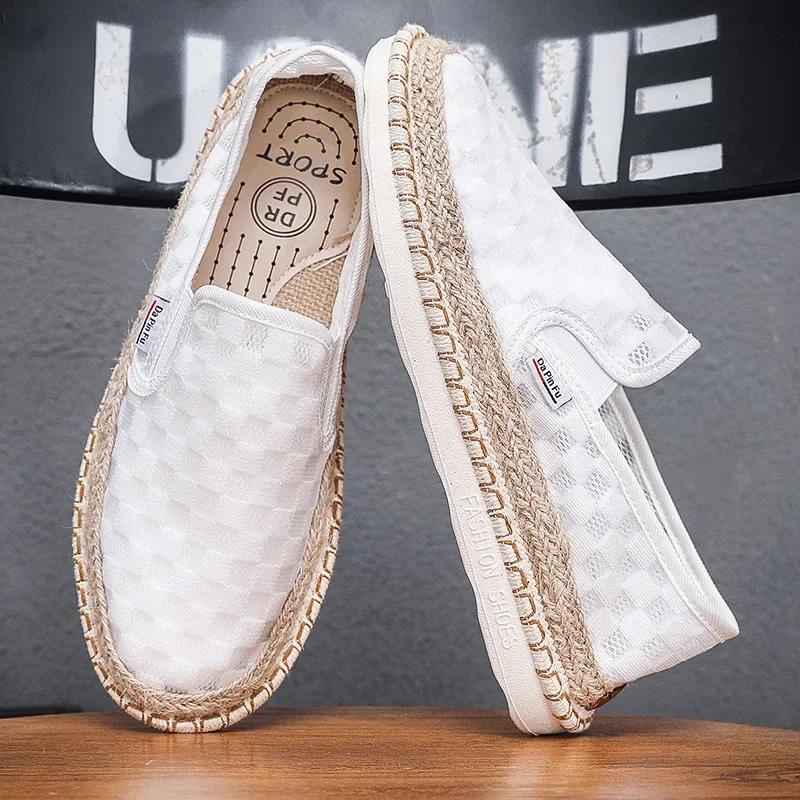 

New Men Shoes Fashion Designer Canvas Casual Shoes Plaid Breathable Slip-on Loafers Young Man Flat Fisherman Shoes 39 белый