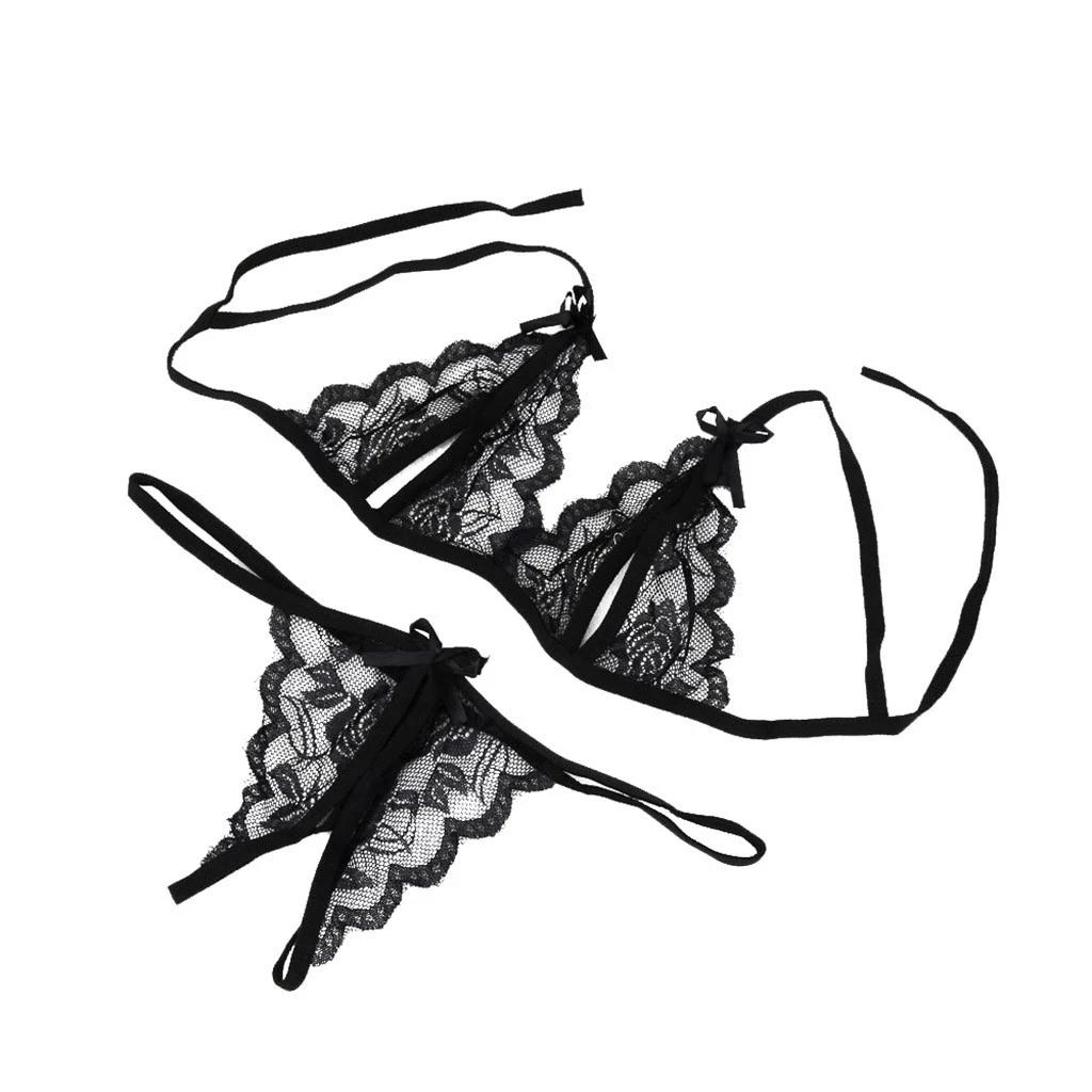 Sexy Women Lady Lingerie see through Lace Underwear Sleepwear lace up bra +Open Crotch G-string Erotic set For Woman