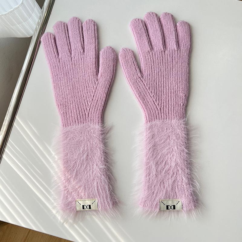 Autumn and winter dopamine solid color warm five-finger gloves versatile knitted cute student girl sweet long cycling sleeves