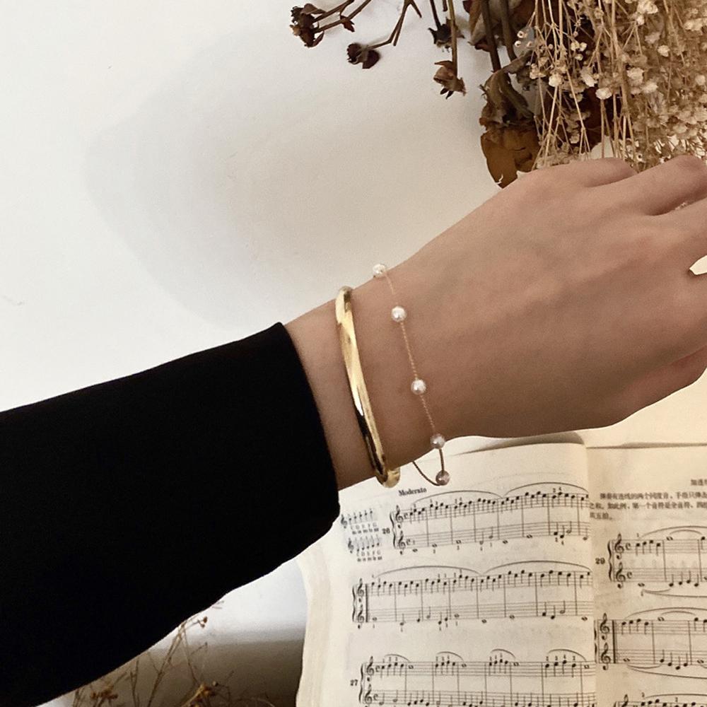 Girls Fashion Jewelry Chunky Temperament Open Bangles Link Chain Metal Cuff Pearl Bracelets