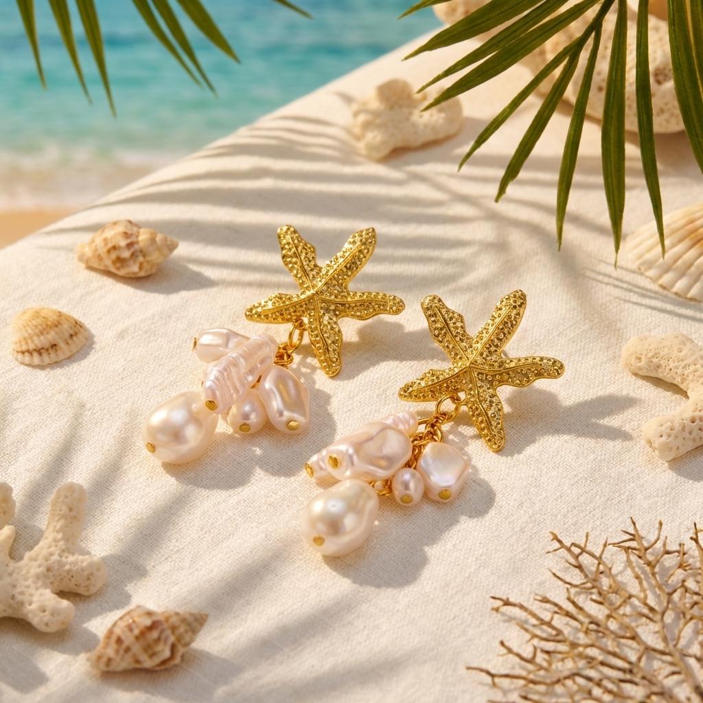 Summer Metal Starfish Imitation Pearl Drop Earrings for Women Fashion Shell Pearl Seahorse Dangle Earring Vacation Jewelry Gifts