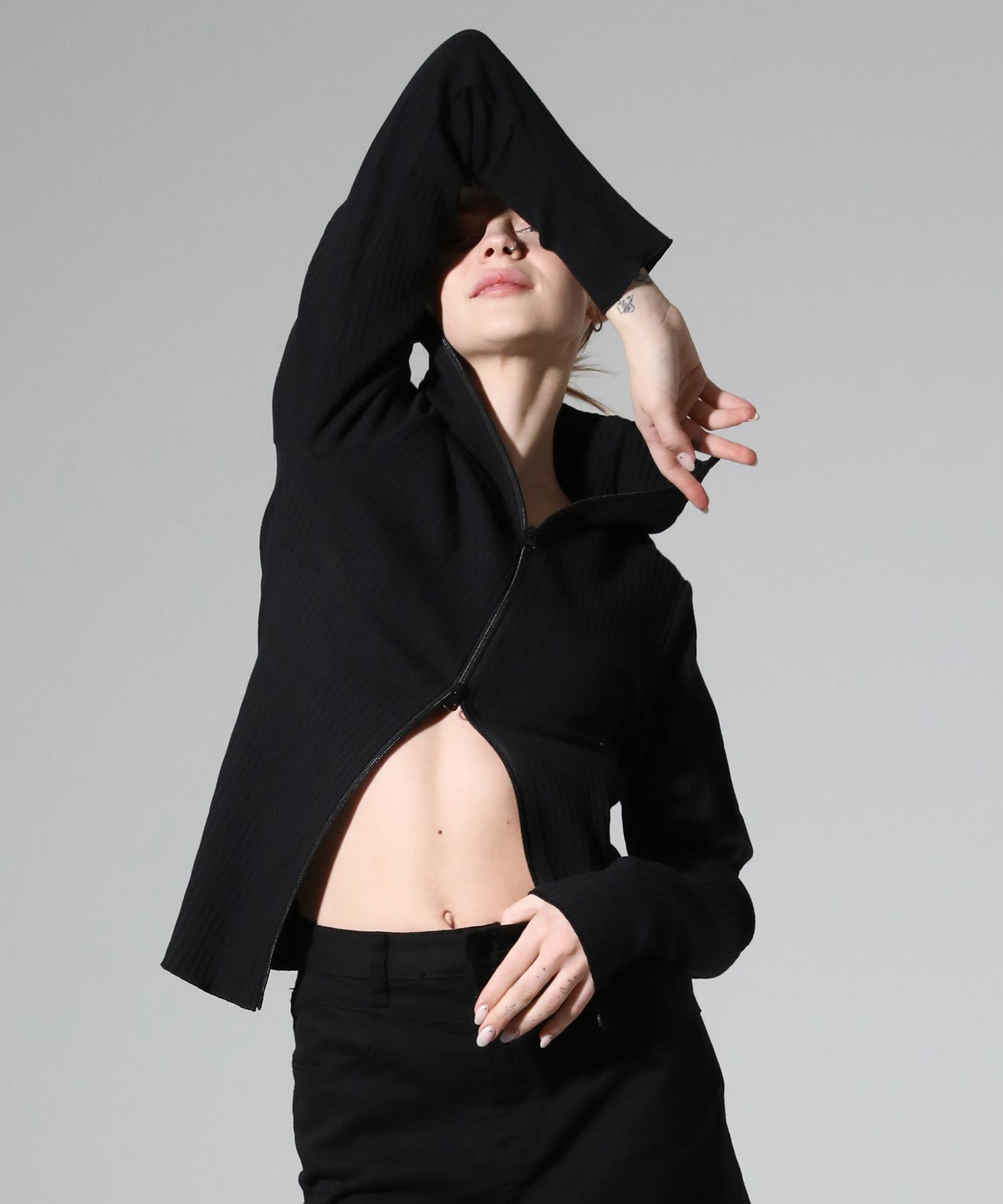 Limnic High-Neck Two-Way Zip-Up Ribbed Knit Top [Black] Black/S