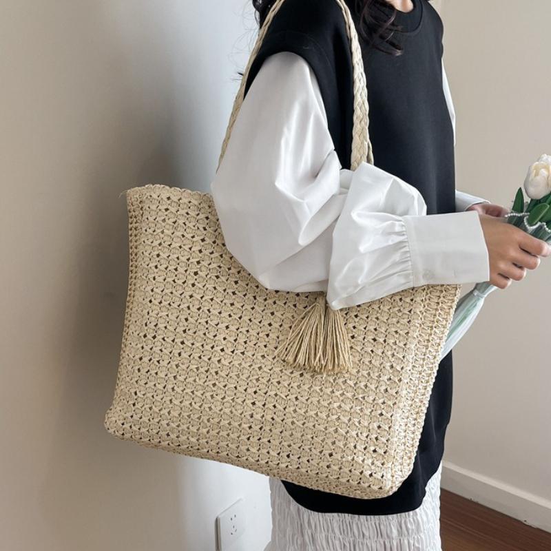 Nuova Borsa a Spalla Semplice in Paglia di Grande Capacità da Donna alla Moda e Versatile Borsa a Tracolla per la Spiaggia e per il Pendolarismo