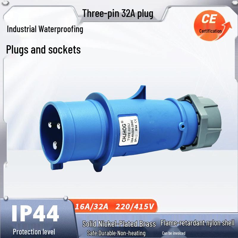 Industrial 32A 3-Pin IP44 Waterproof Plug & Socket Set, 250V Flame-Resistant Connector