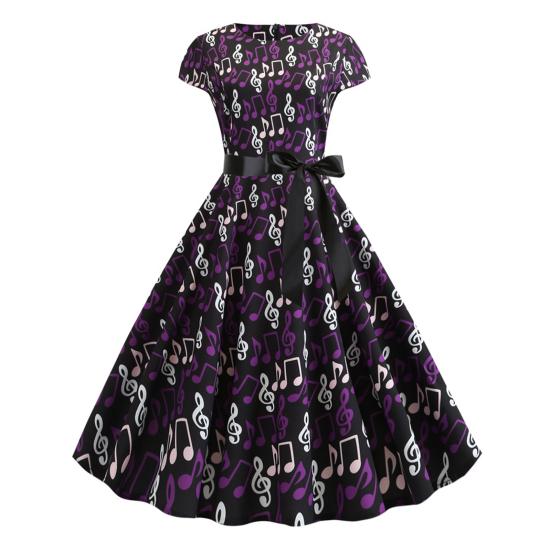Rochie pentru femei, cu muzică, cu imprimeu, gât rotund, fundă, cu centură, talie strânsă, linie A, tiv mare, mâneci scurte, colorate, închidere cu fermoar în spate, rochie midi pentru doamnă