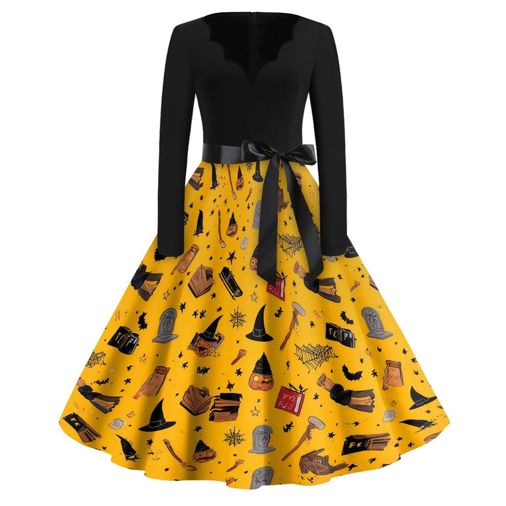 Women's Casual Vintage V Neck Dress with Halloween Print Long Sleeve Fit and Flare Knee Length Dress with Waist Tie Belt