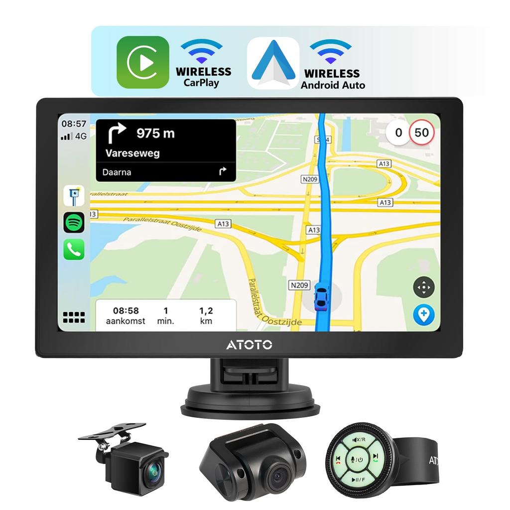 ATOTO Portable Car Navigation System (PND), 7-inch QLED Glare-Suppressing Display Audio, Wireless Android Auto & Wireless CarPlay, Front & Rear DVR