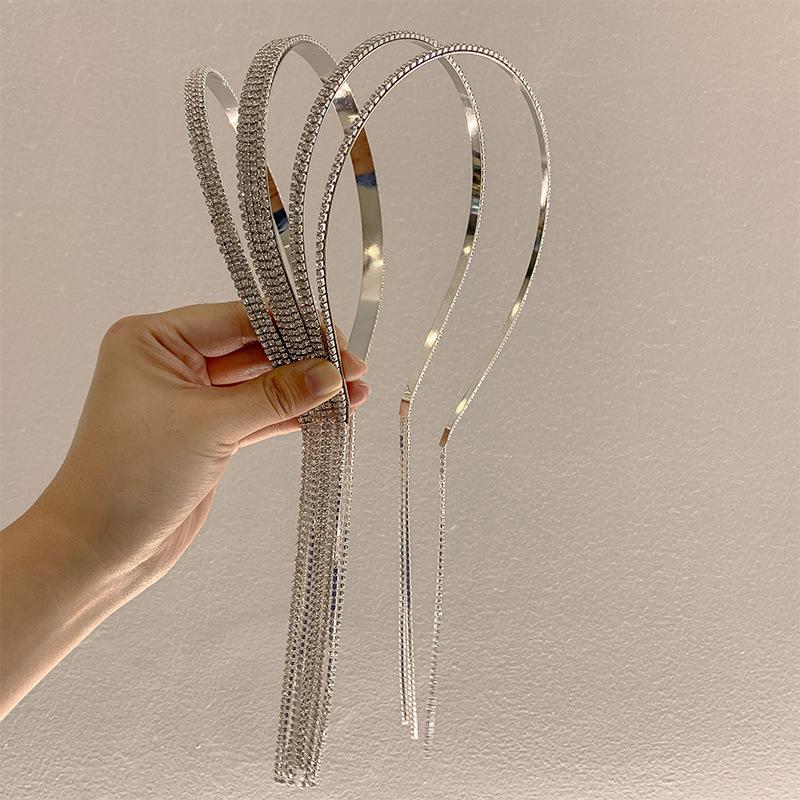 Shining Luxury Alloy Rhinestone Hairbands For Women Long Chain Tassel Bands Crystal Headband Wedding Hair Band Accessories
