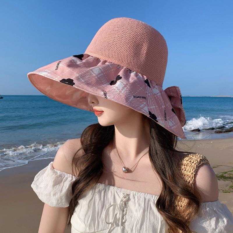 Color Glue Hat Women's Summer Versatile Bow Big Edge Bucket Hat Sun Protection Sun Hat Folding Sun Hat New