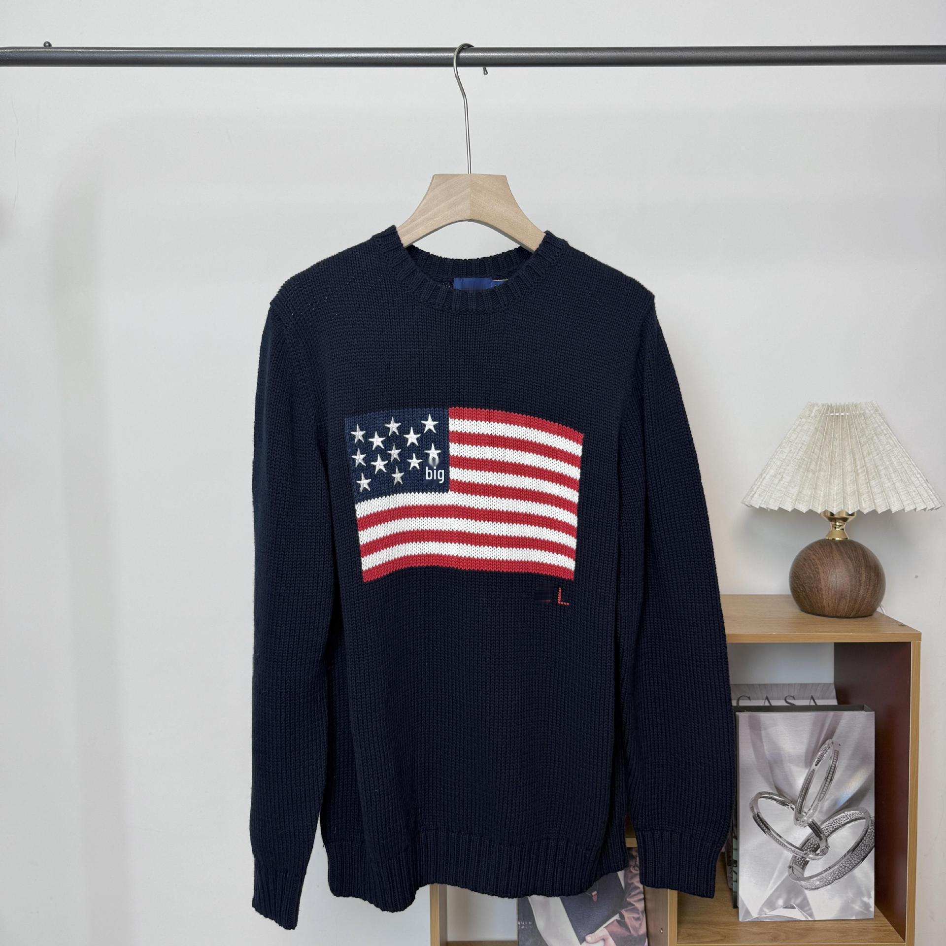 

Чоловічий светр з чистої бавовни з важкою вишивкою Прапор США - 25 стилів, Осінь/Зима, Круглий виріз, Довгий рукав M темно-синього кольору