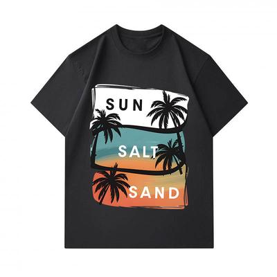 Men's 100% Cotton Crew Neck Short Sleeve T-Shirt, Retro Sun Salt Sand Palm Tree Print Casual Beach Holiday Tee, Comfortable Breathable Everyday Summer