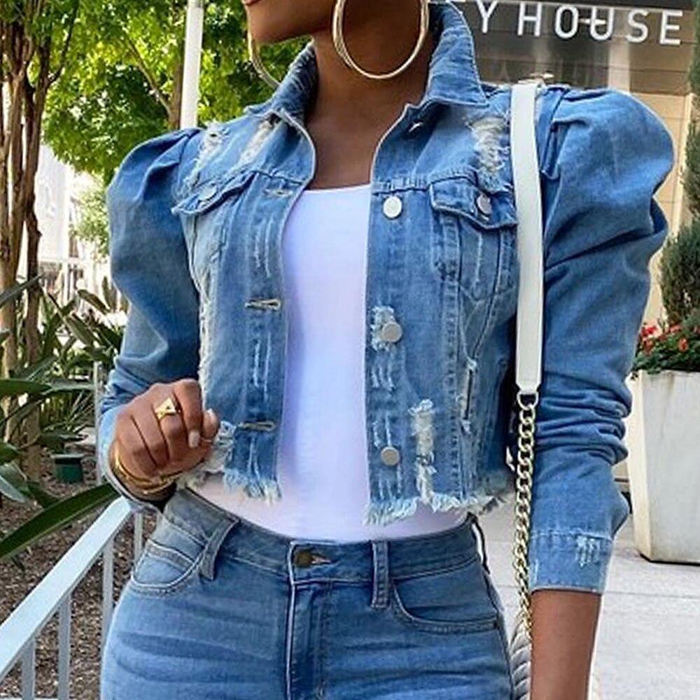 Frauen Sexy Ripped Denim Jacken Vintage Beiläufige Kurze Jean Jacke Puff Hülse Weibliche Mantel Streetwear